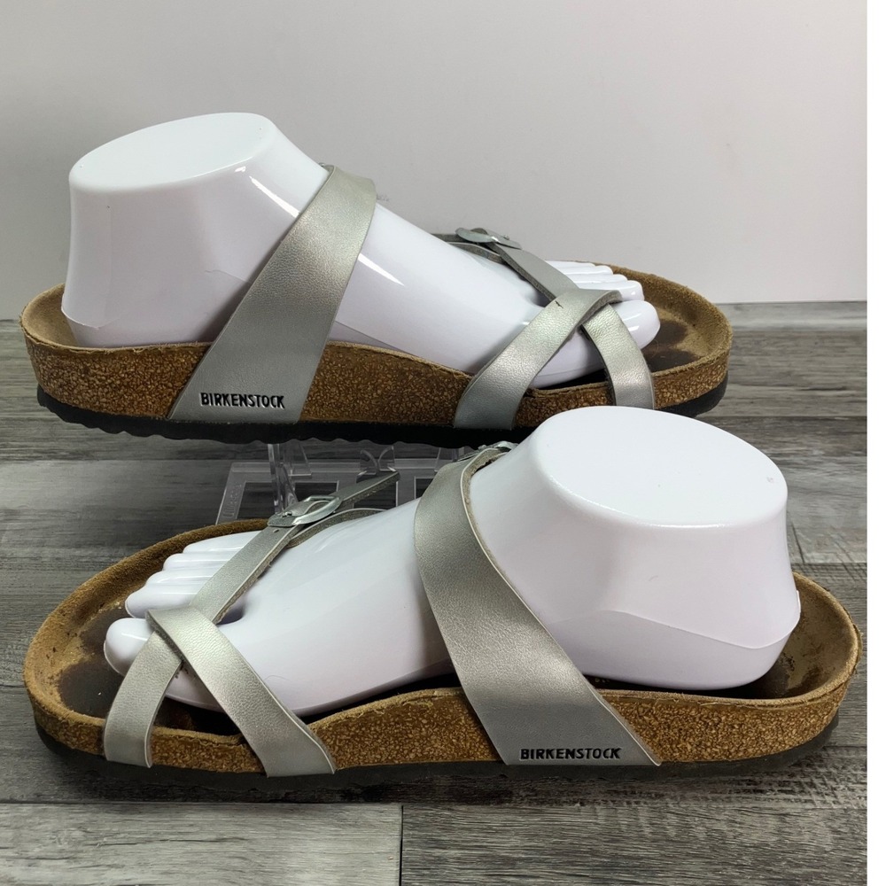 Birkenstock Mayari Silver Metallic Birko-Flor Toe Loop Sandals EU 39 L8 M6